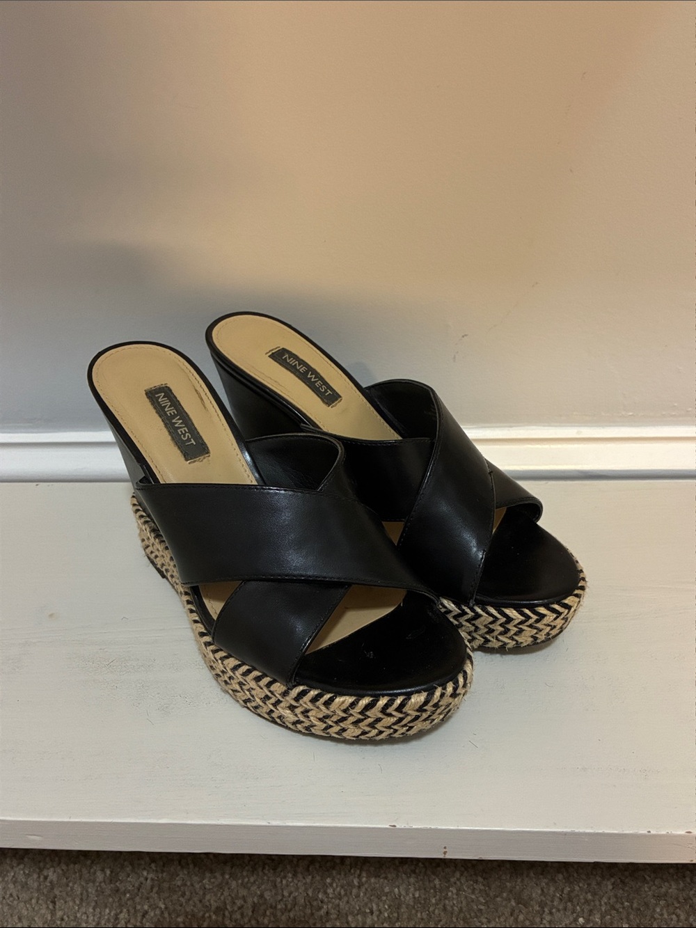 Nine West Black Leather Crisscross Wedge Sandals with Woven Platform, Size 6.5